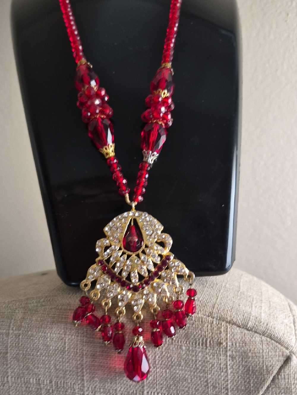 Hyderabadi-style mala Ruby red Beaded Rhinestone Goldtone Chandbali necklace